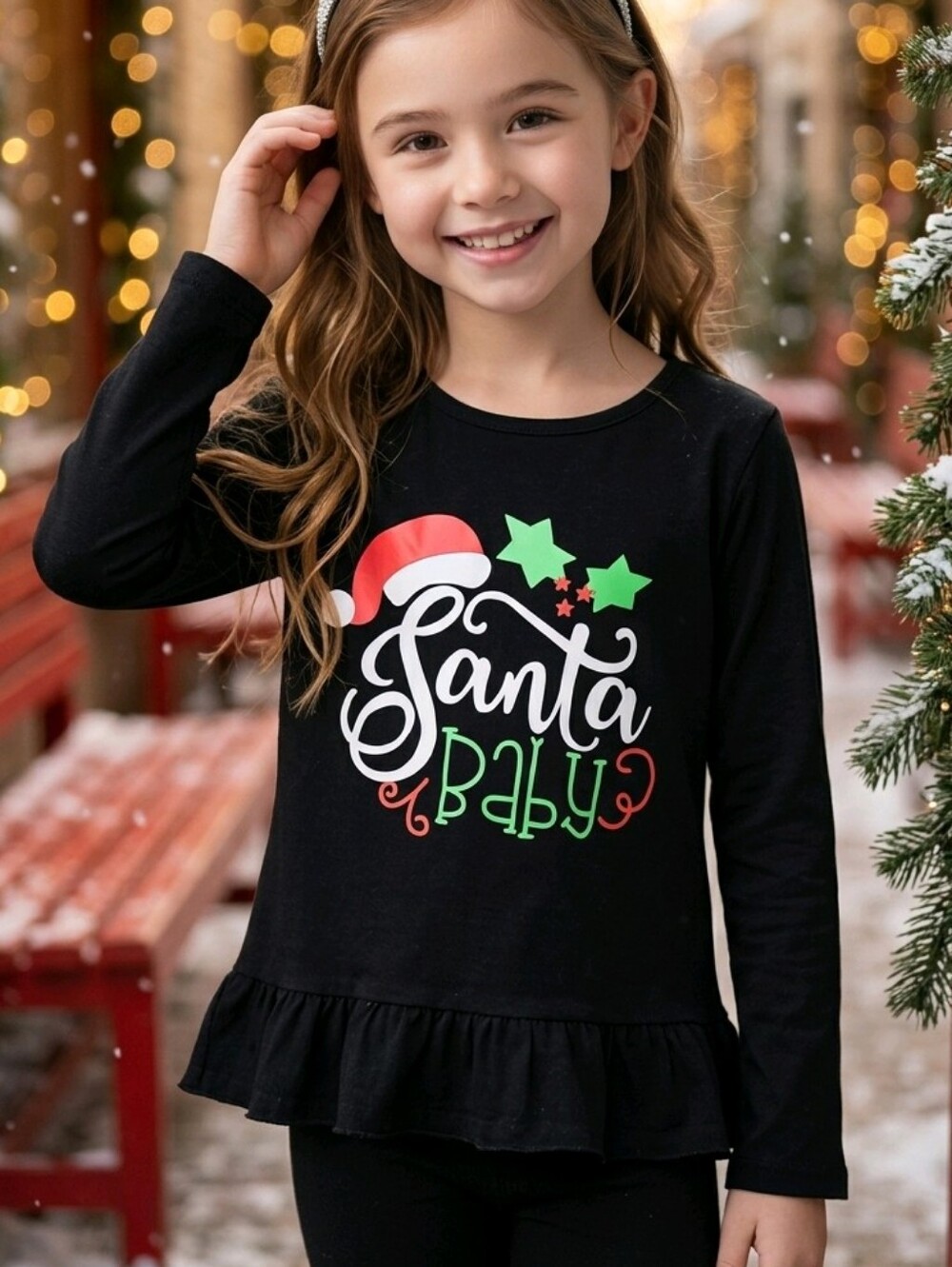 Santa Baby Black Ruffled Sleeve Holiday T-Shirt 130 cm (7/8) Girls Graphic Tee